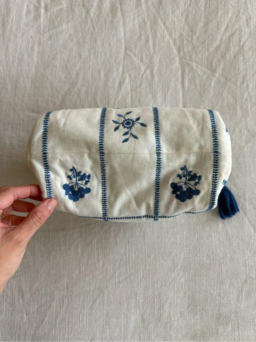 SEZANE Toiletry Bag in Ecru with Blue Embroidered Flowers